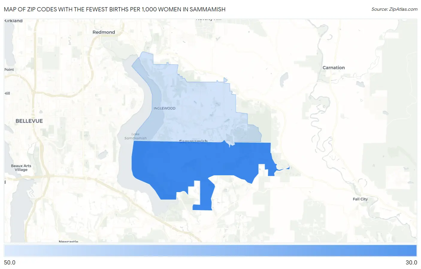 Zip Codes with the Fewest Births per 1,000 Women in Sammamish Map