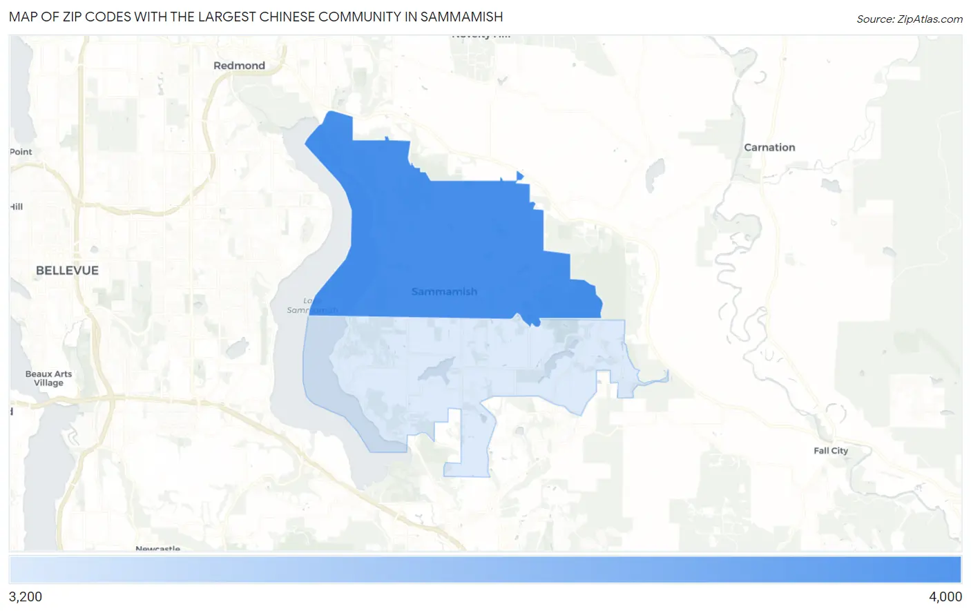 Zip Codes with the Largest Chinese Community in Sammamish Map