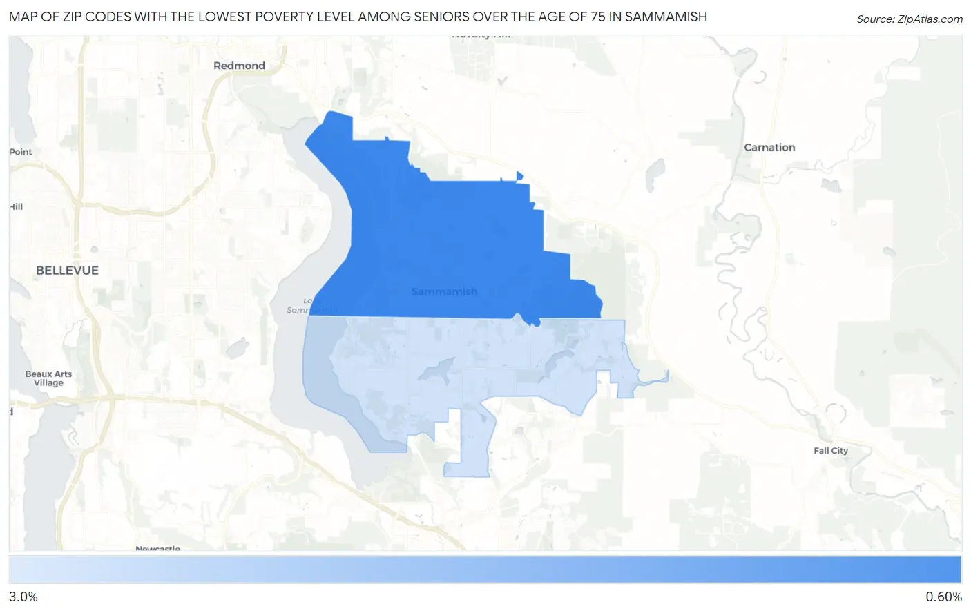 Zip Codes with the Lowest Poverty Level Among Seniors Over the Age of 75 in Sammamish Map