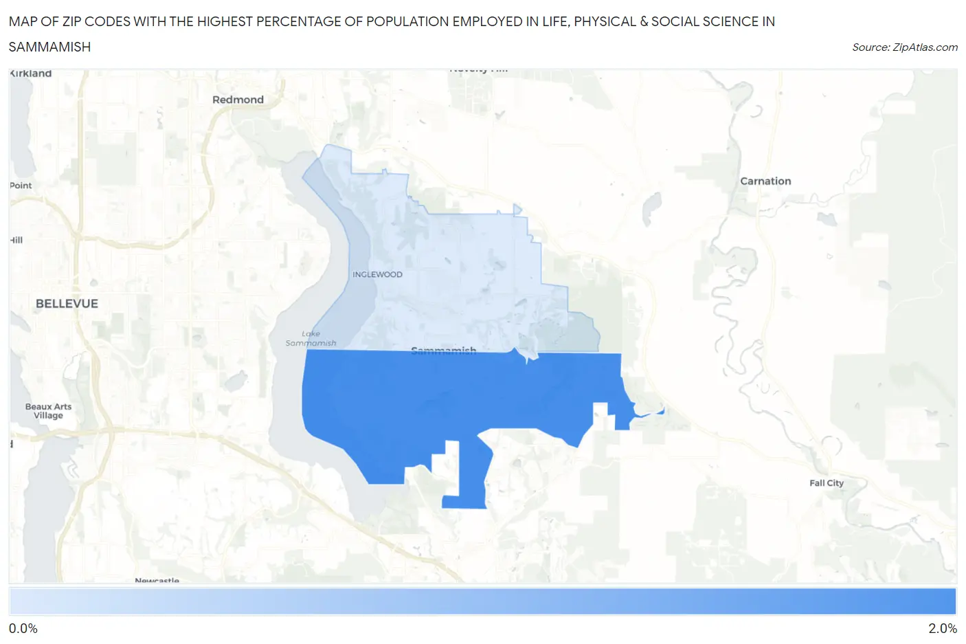 Zip Codes with the Highest Percentage of Population Employed in Life, Physical & Social Science in Sammamish Map