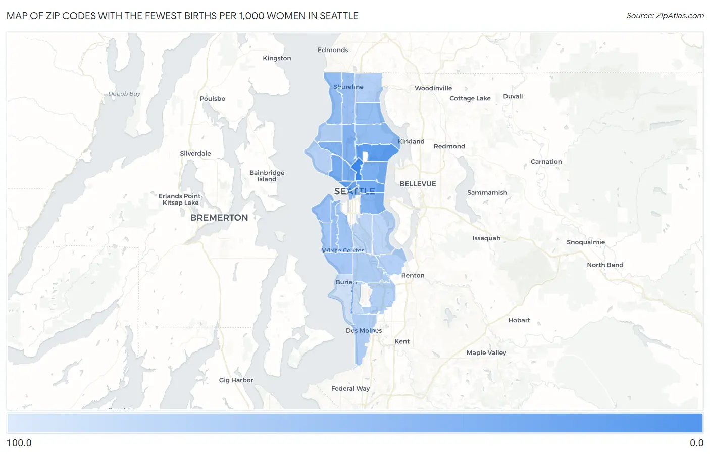 Zip Codes with the Fewest Births per 1,000 Women in Seattle Map