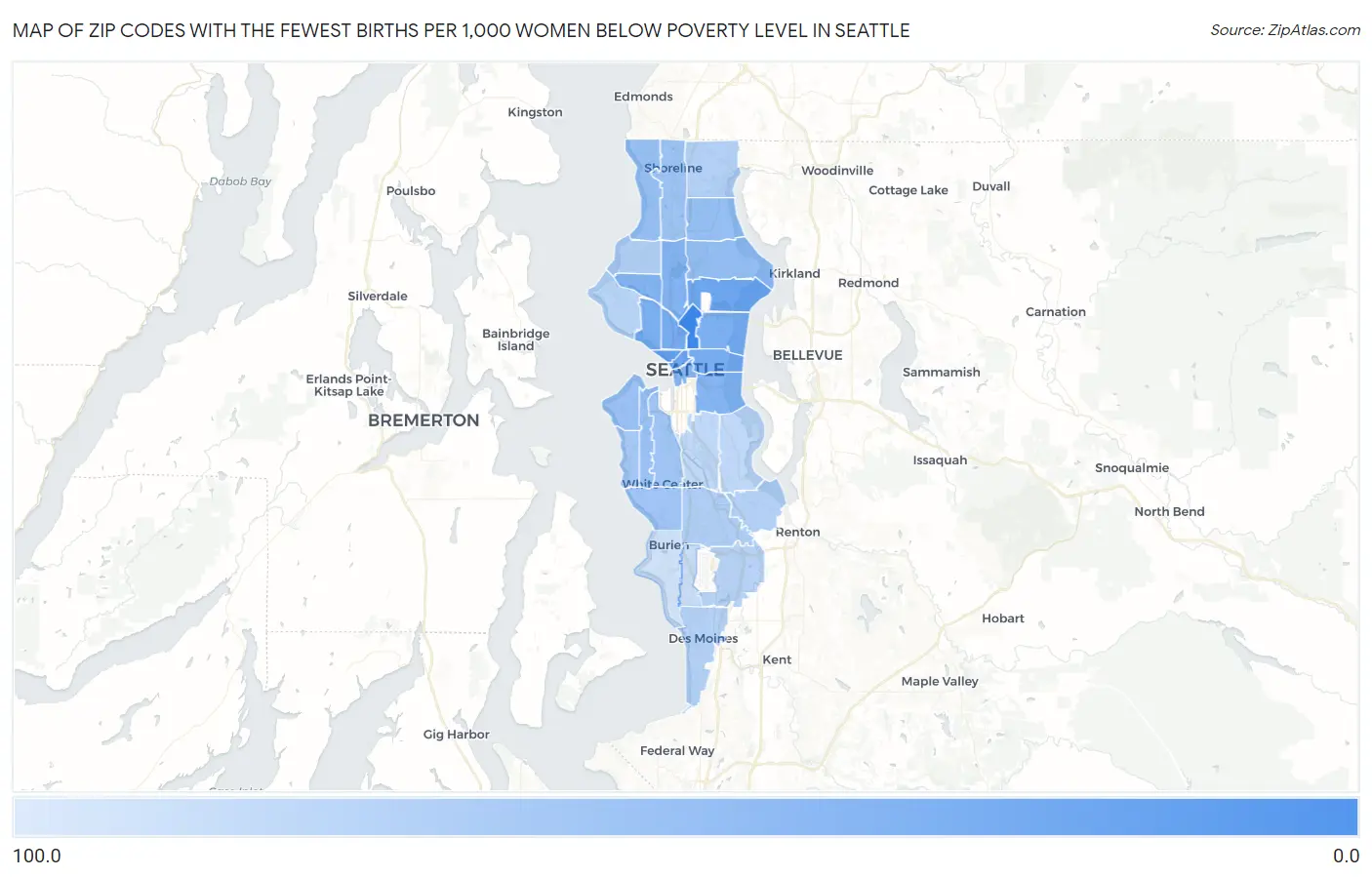 Zip Codes with the Fewest Births per 1,000 Women Below Poverty Level in Seattle Map