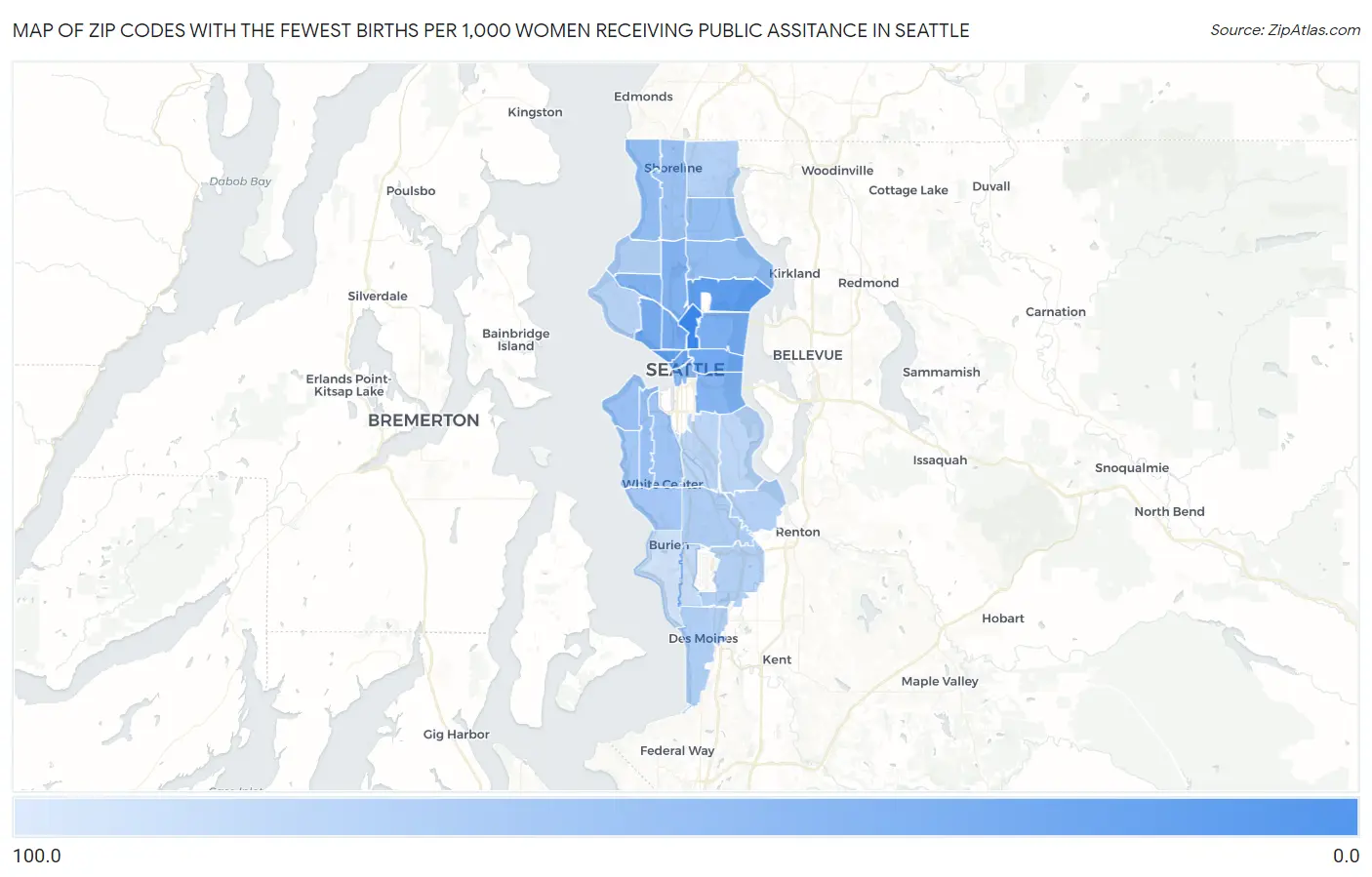 Zip Codes with the Fewest Births per 1,000 Women Receiving Public Assitance in Seattle Map