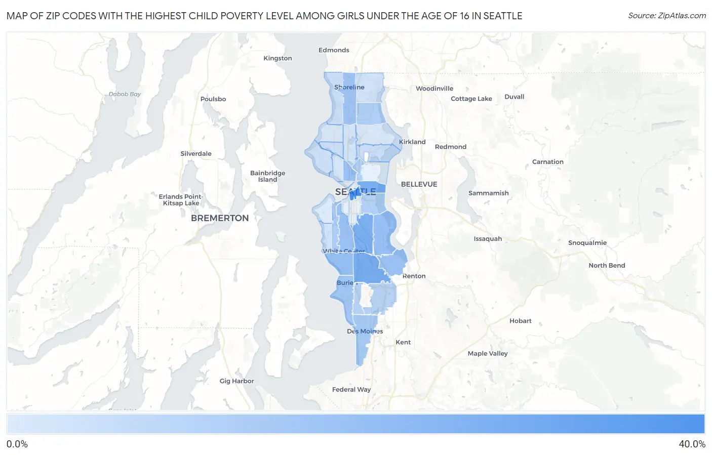Zip Codes with the Highest Child Poverty Level Among Girls Under the Age of 16 in Seattle Map