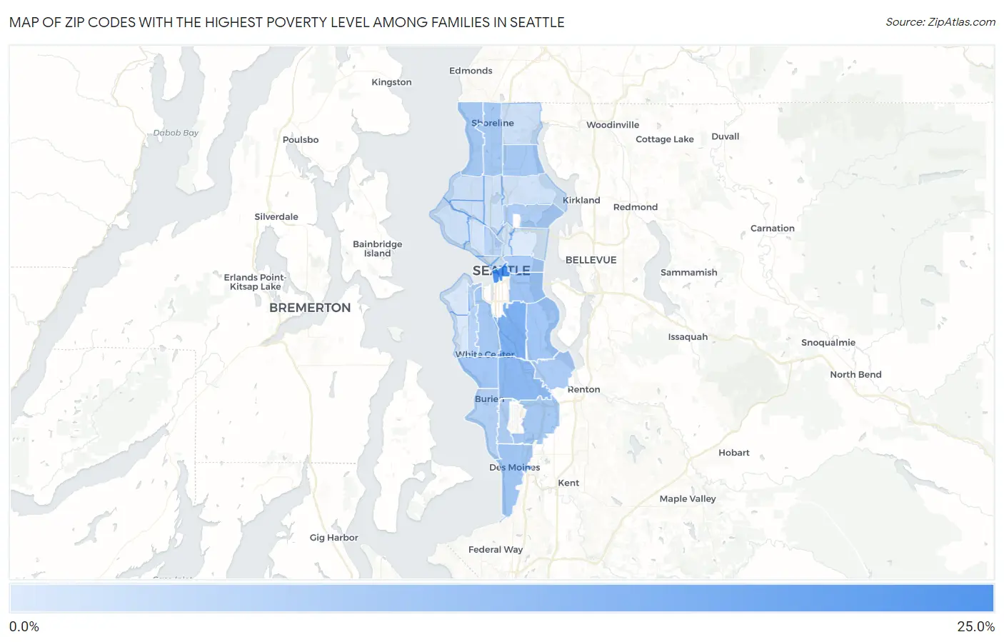 Zip Codes with the Highest Poverty Level Among Families in Seattle Map