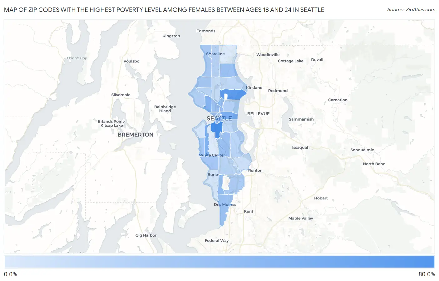 Zip Codes with the Highest Poverty Level Among Females Between Ages 18 and 24 in Seattle Map
