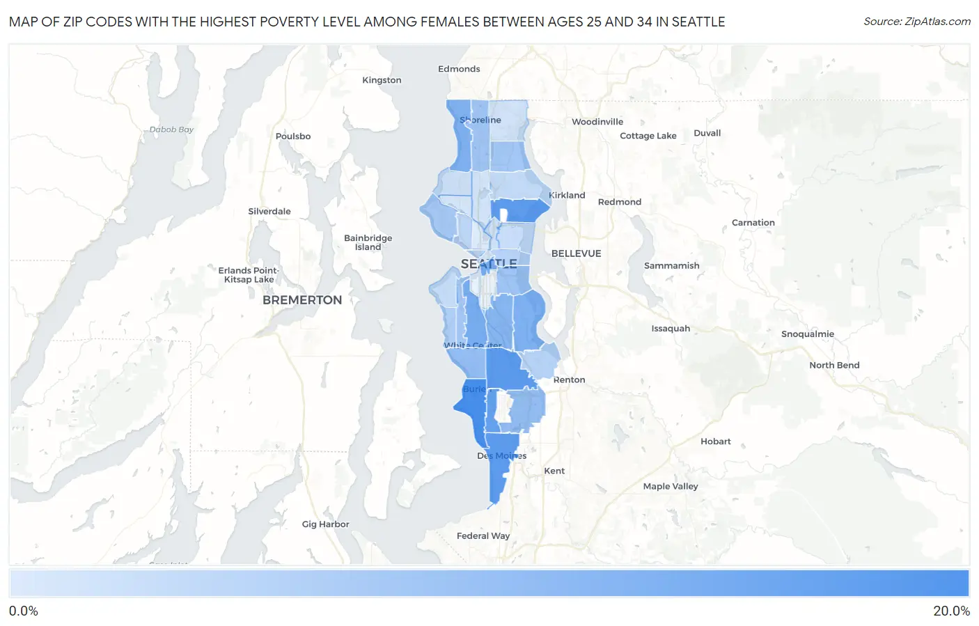 Zip Codes with the Highest Poverty Level Among Females Between Ages 25 and 34 in Seattle Map