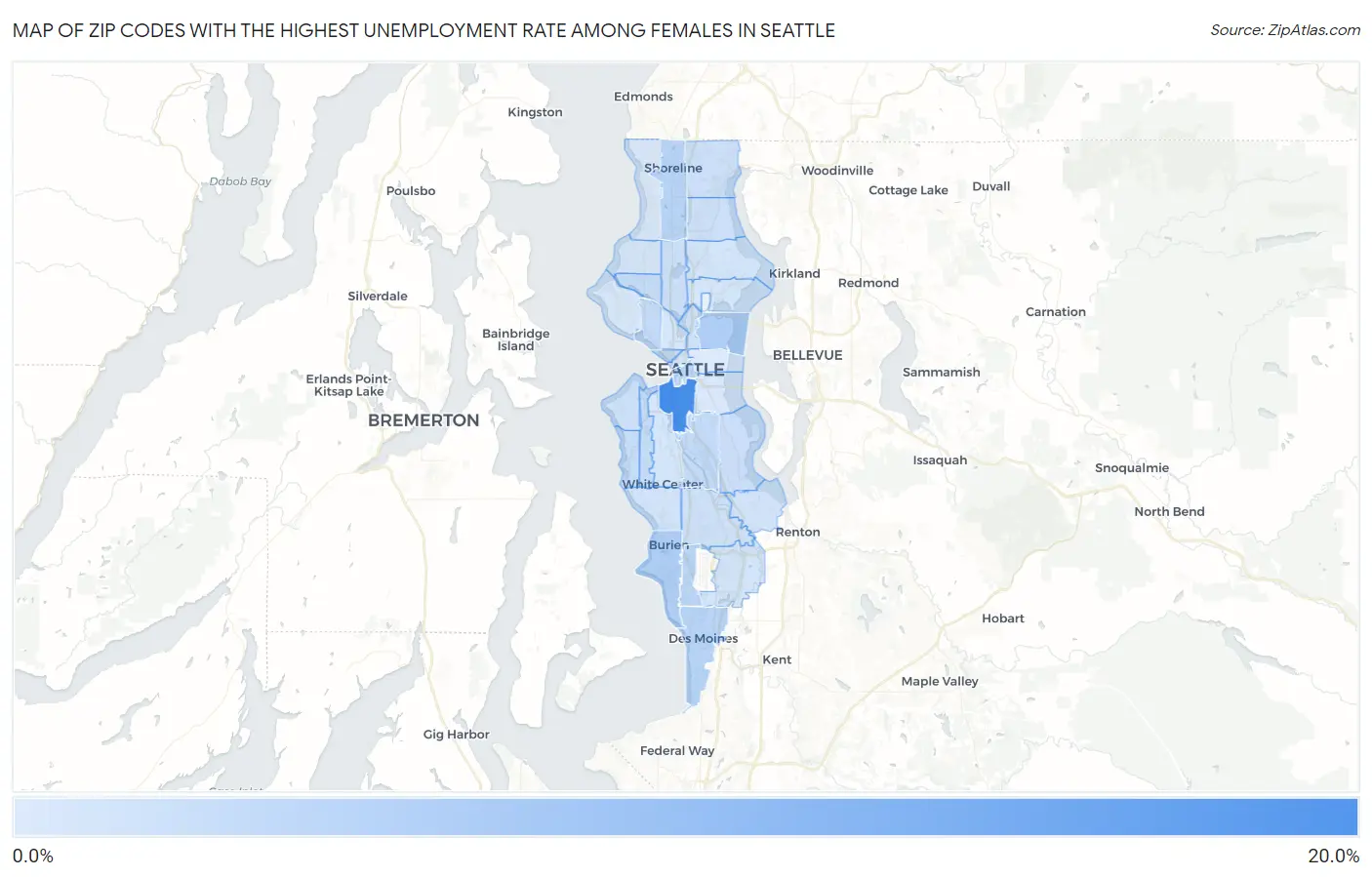 Zip Codes with the Highest Unemployment Rate Among Females in Seattle Map