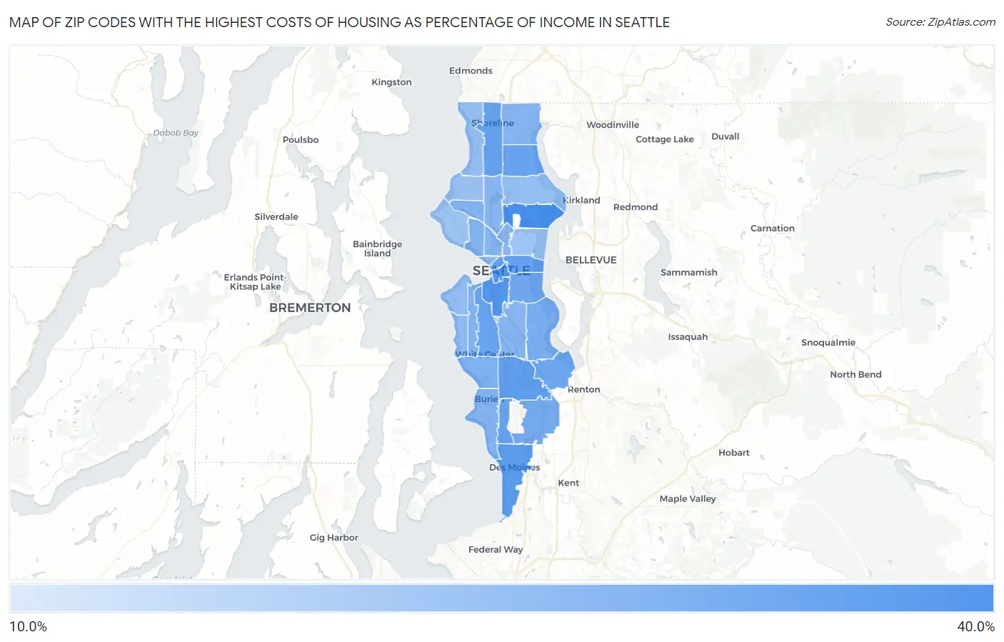 Zip Codes with the Highest Costs of Housing as Percentage of Income in Seattle Map