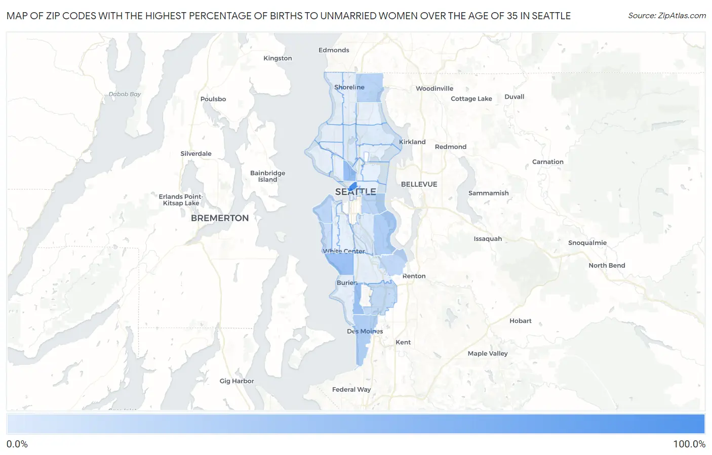 Zip Codes with the Highest Percentage of Births to Unmarried Women over the Age of 35 in Seattle Map