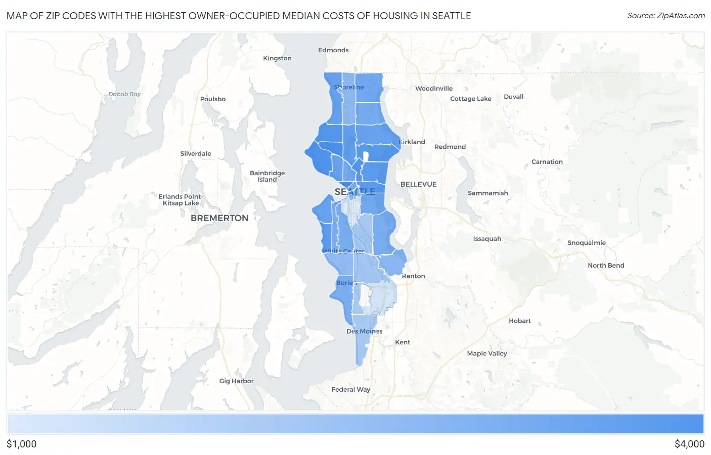 Zip Codes with the Highest Owner-Occupied Median Costs of Housing in Seattle Map