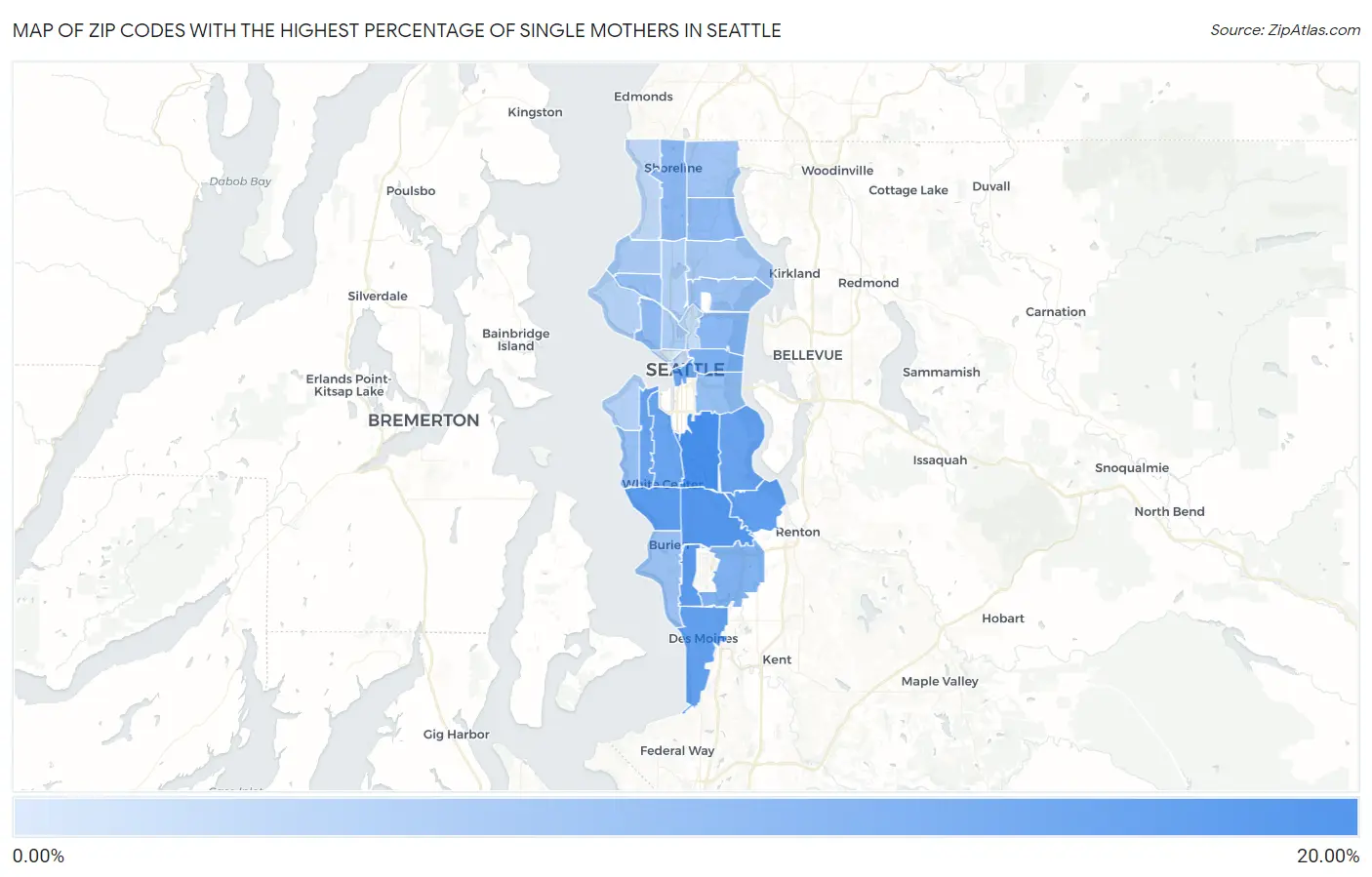 Zip Codes with the Highest Percentage of Single Mothers in Seattle Map
