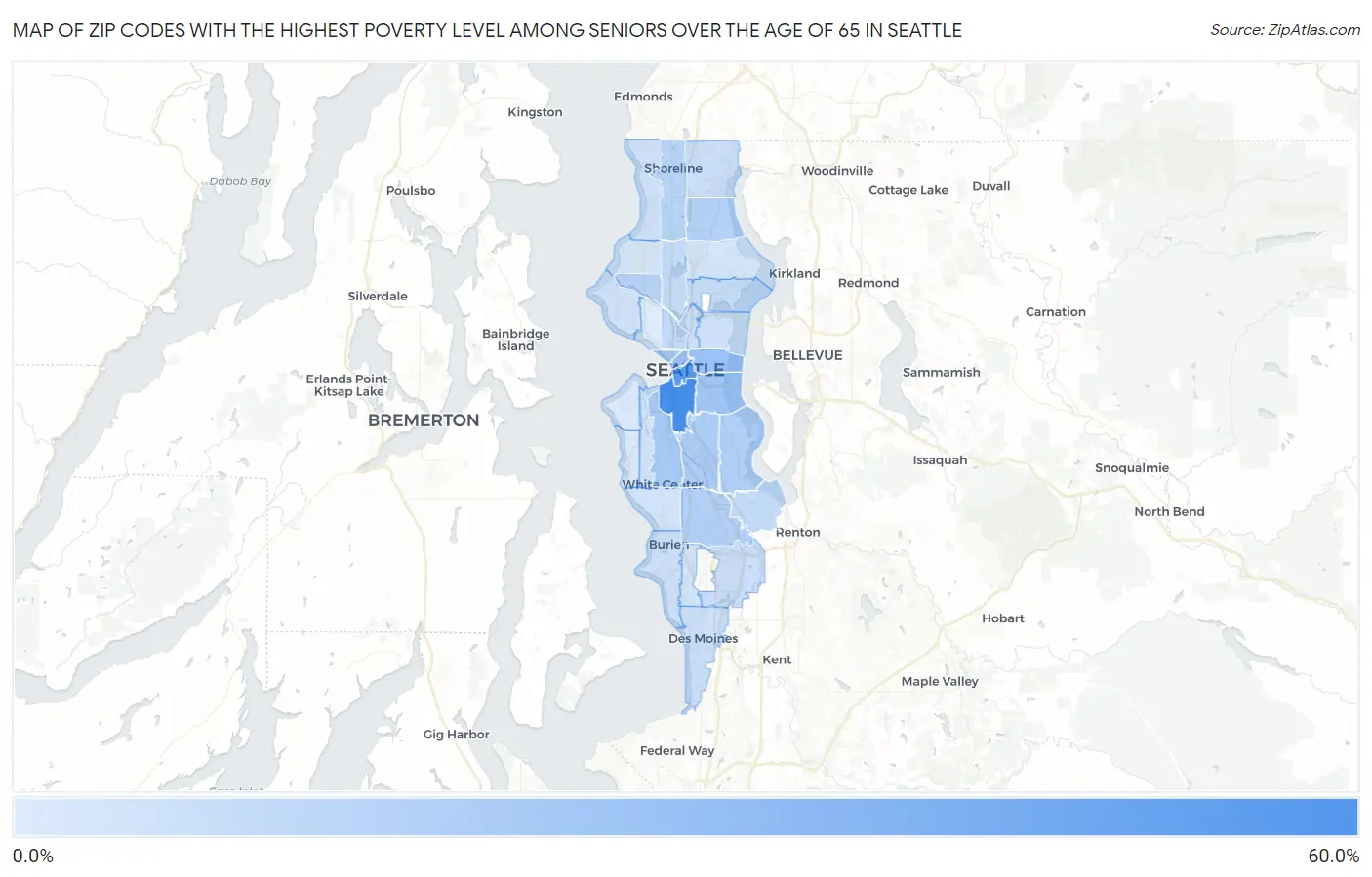 Zip Codes with the Highest Poverty Level Among Seniors Over the Age of 65 in Seattle Map