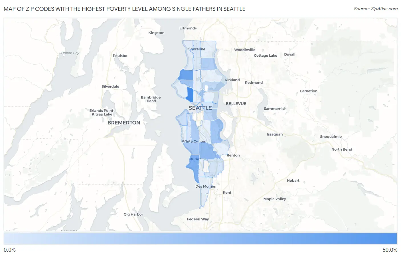 Zip Codes with the Highest Poverty Level Among Single Fathers in Seattle Map