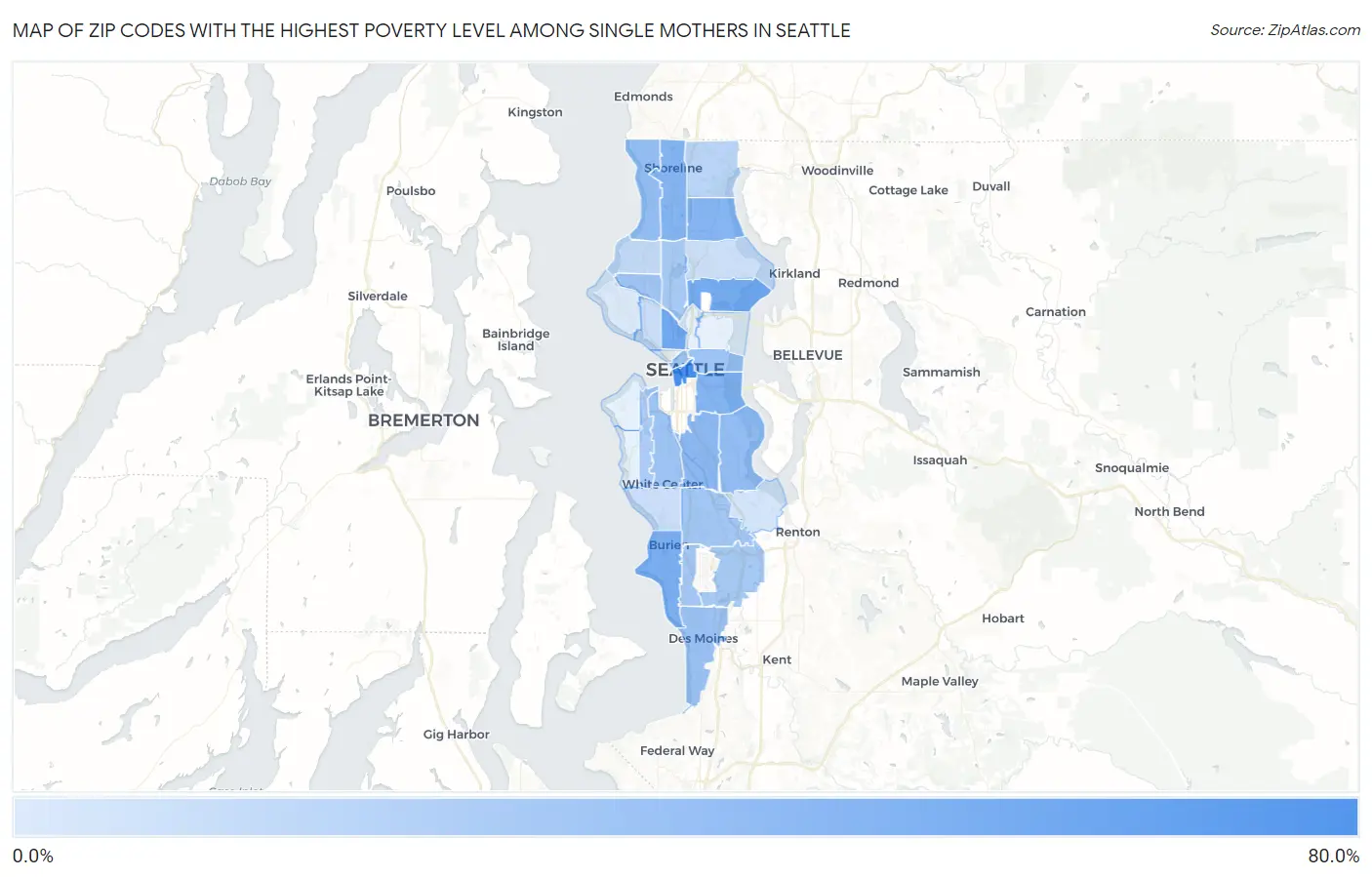 Zip Codes with the Highest Poverty Level Among Single Mothers in Seattle Map