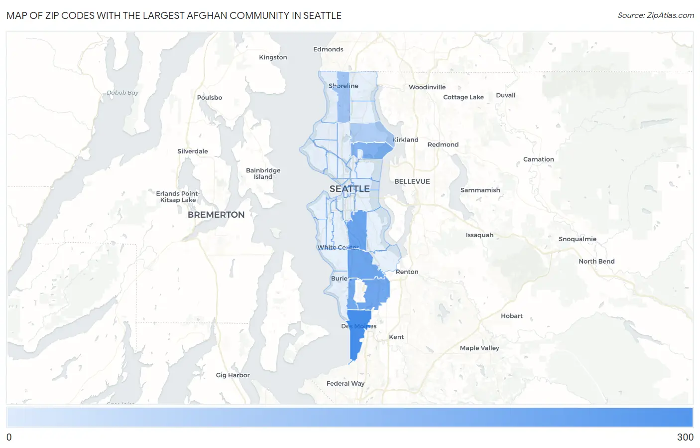 Zip Codes with the Largest Afghan Community in Seattle Map