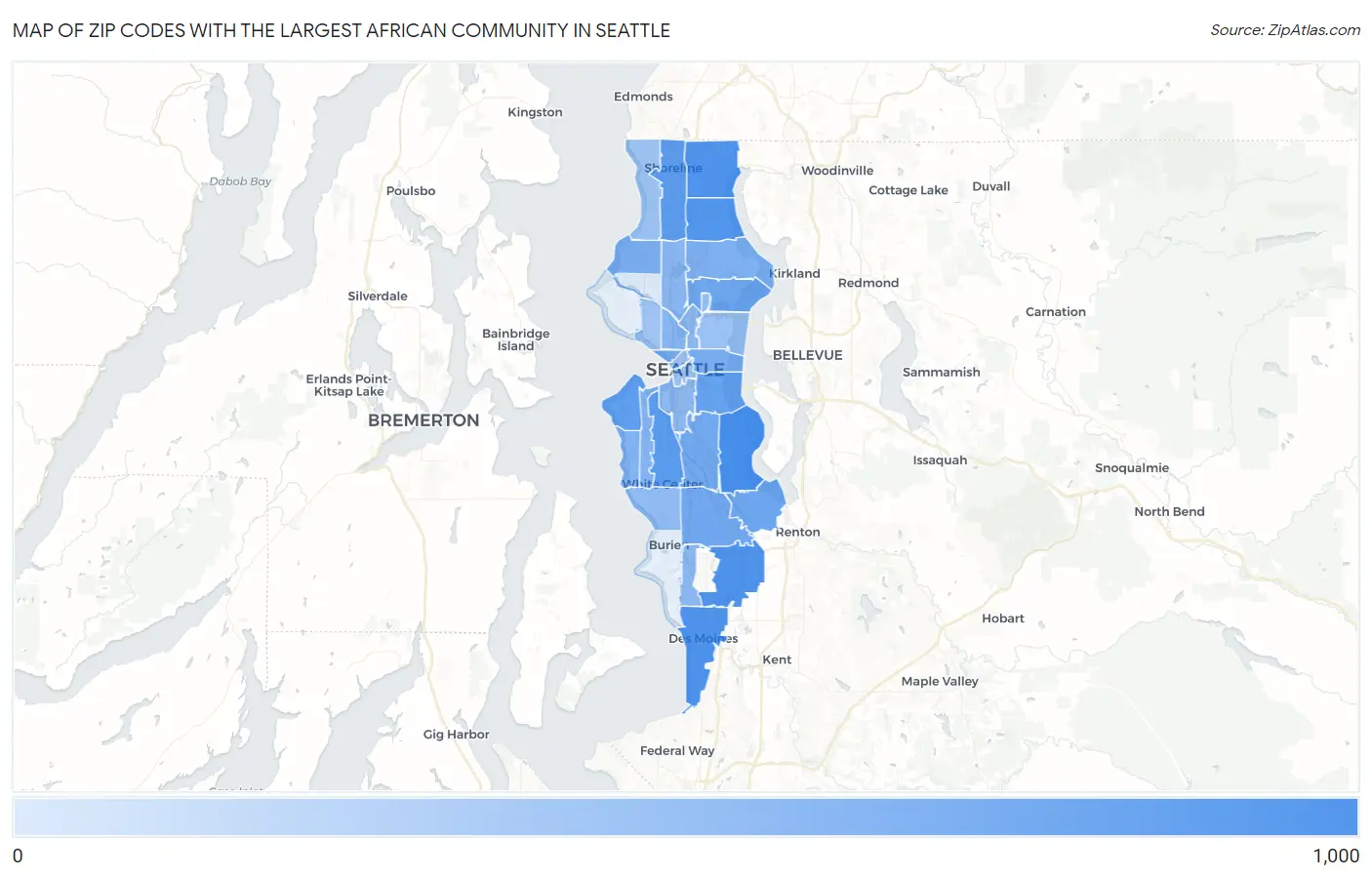 Zip Codes with the Largest African Community in Seattle Map