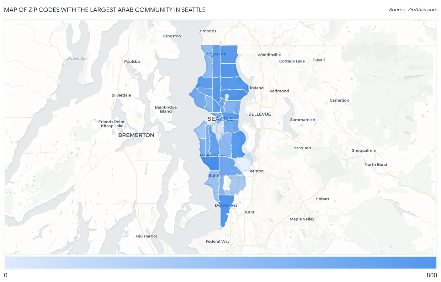 Zip Codes with the Largest Arab Community in Seattle Map