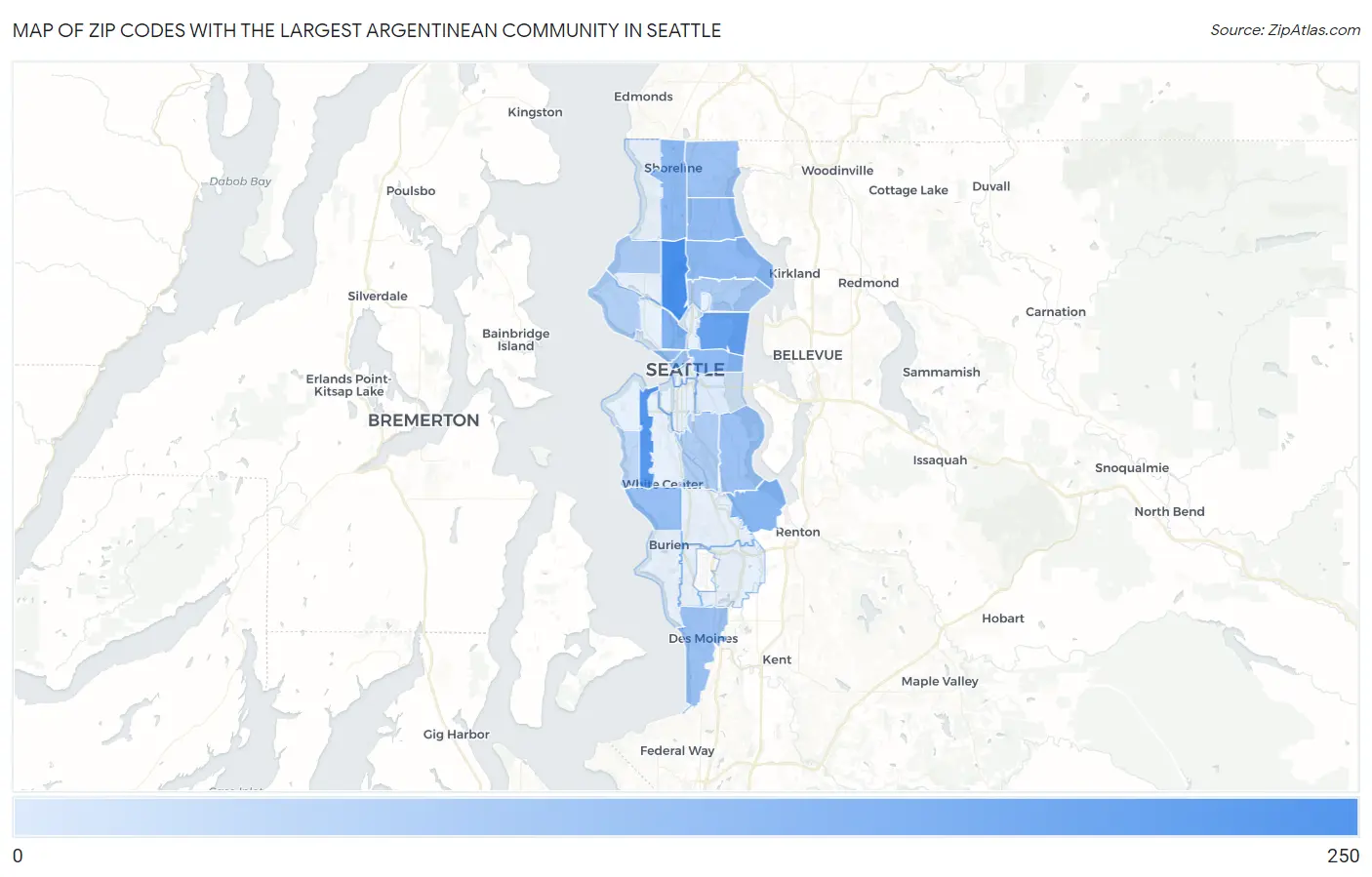 Zip Codes with the Largest Argentinean Community in Seattle Map