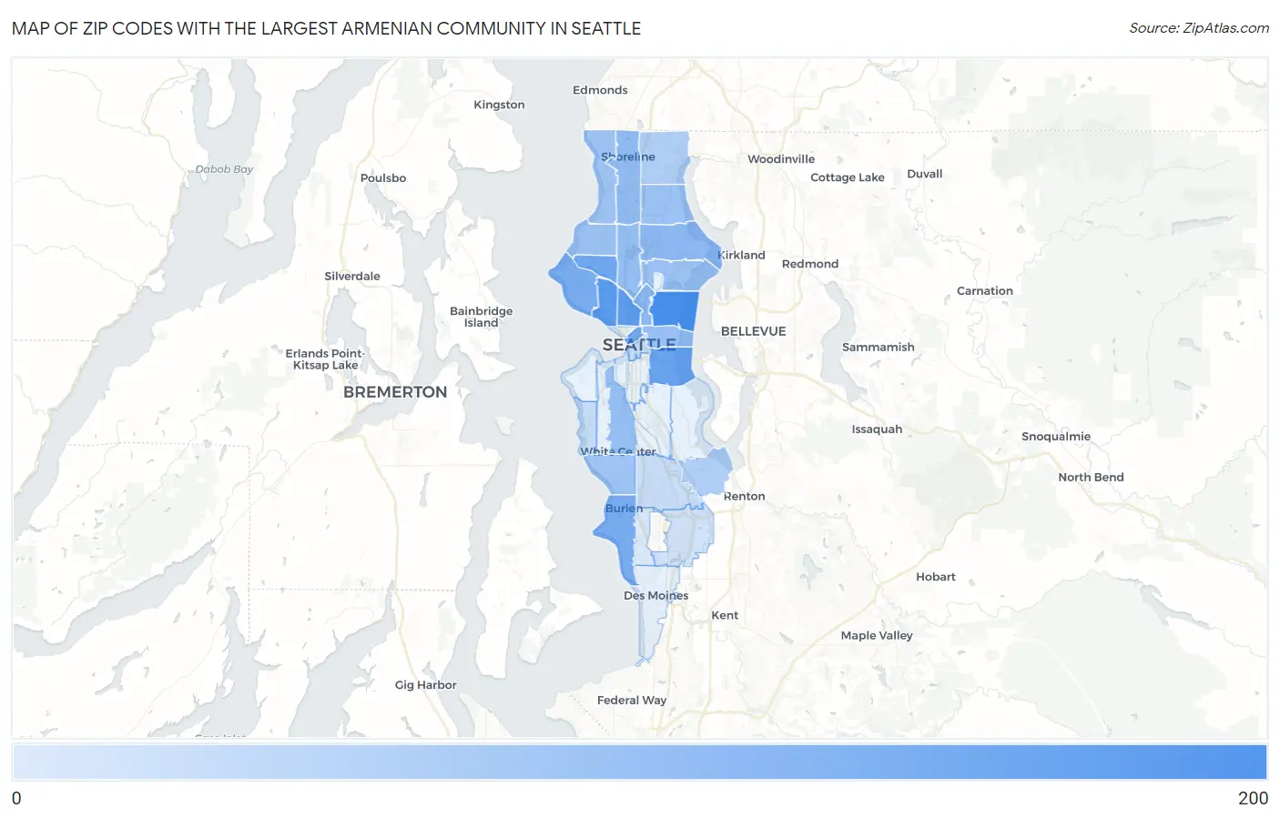 Zip Codes with the Largest Armenian Community in Seattle Map