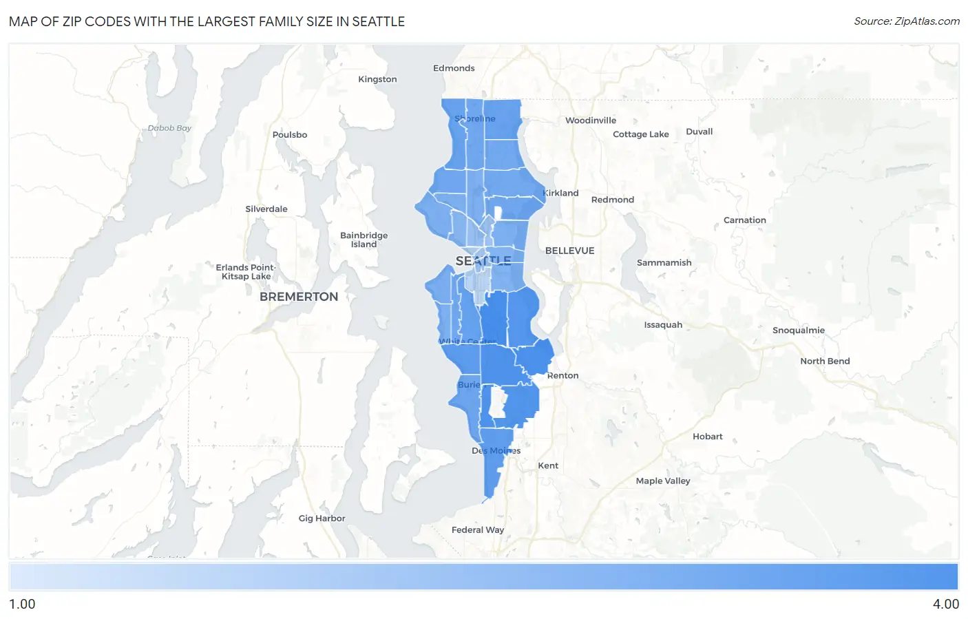 Zip Codes with the Largest Family Size in Seattle Map