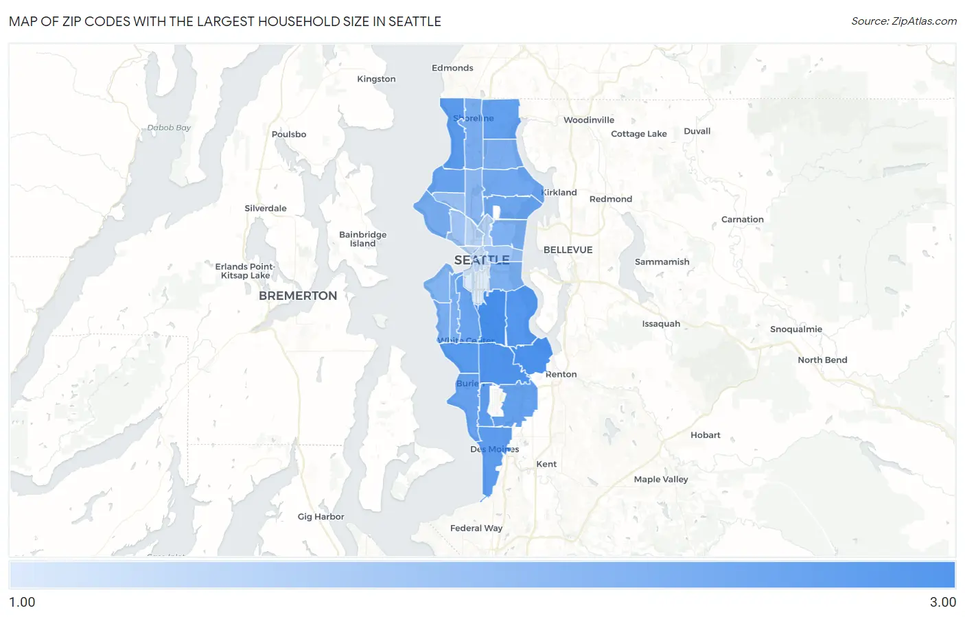 Zip Codes with the Largest Household Size in Seattle Map