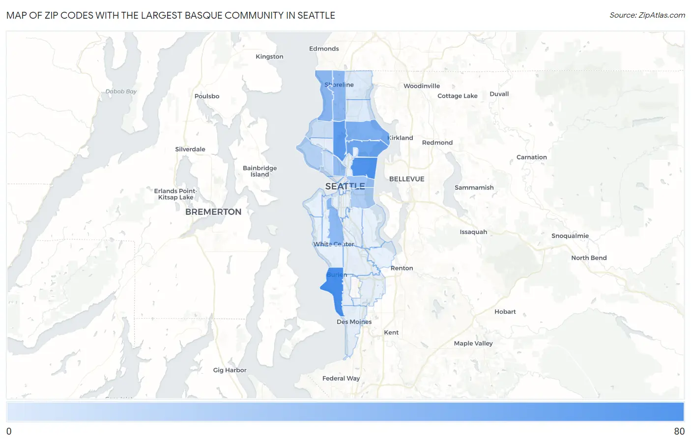 Zip Codes with the Largest Basque Community in Seattle Map