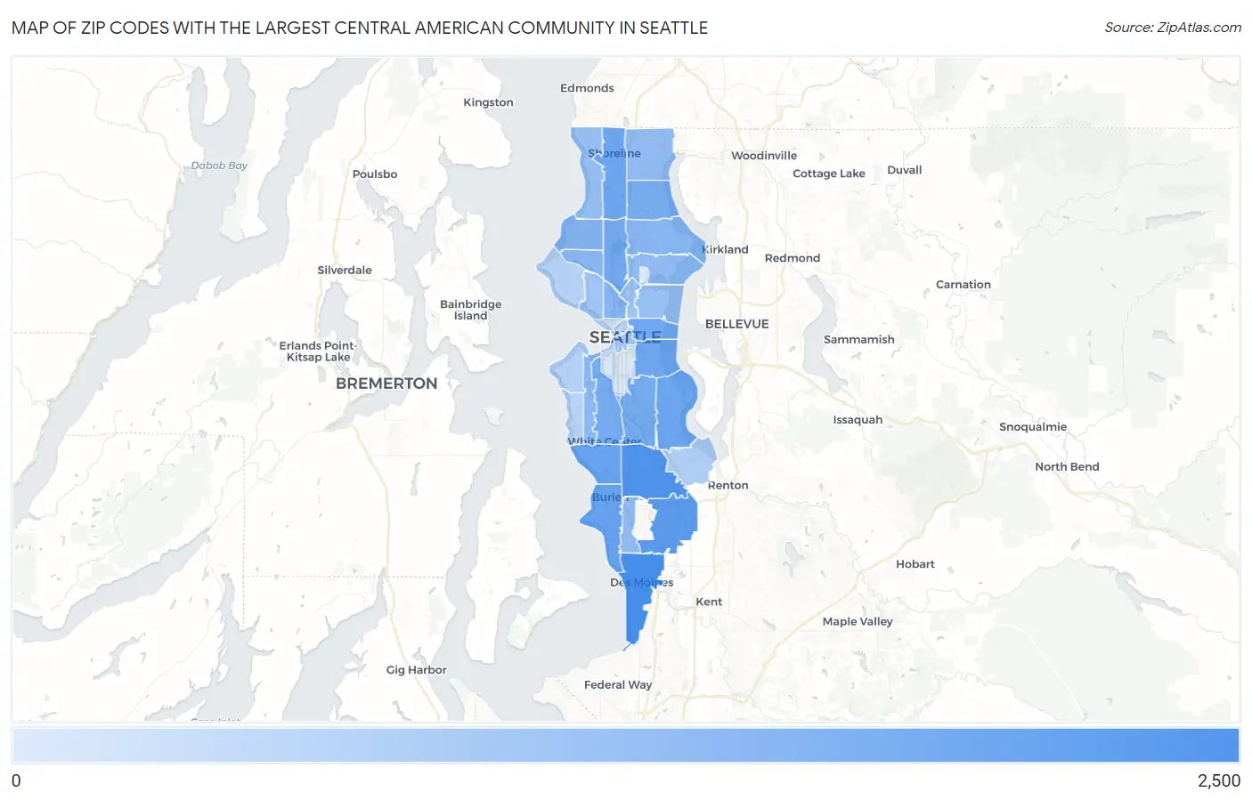 Zip Codes with the Largest Central American Community in Seattle Map
