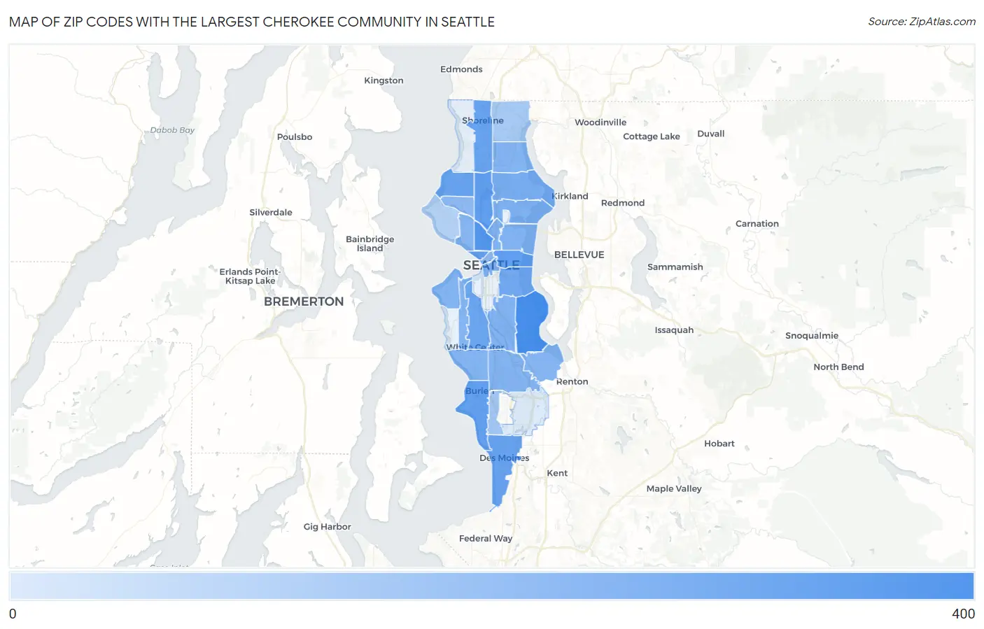 Zip Codes with the Largest Cherokee Community in Seattle Map