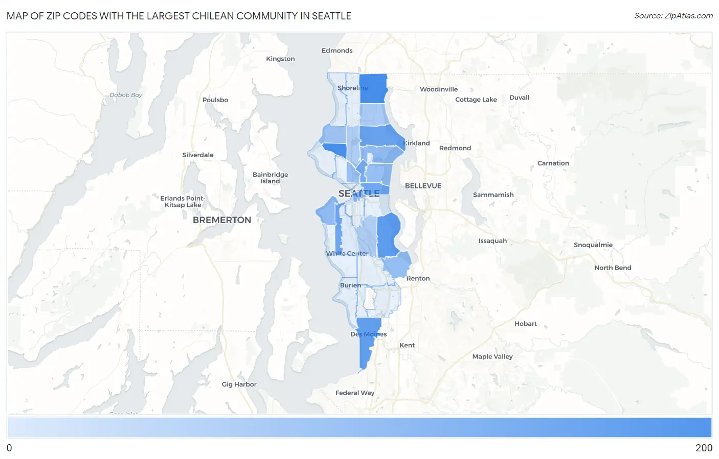 Zip Codes with the Largest Chilean Community in Seattle Map