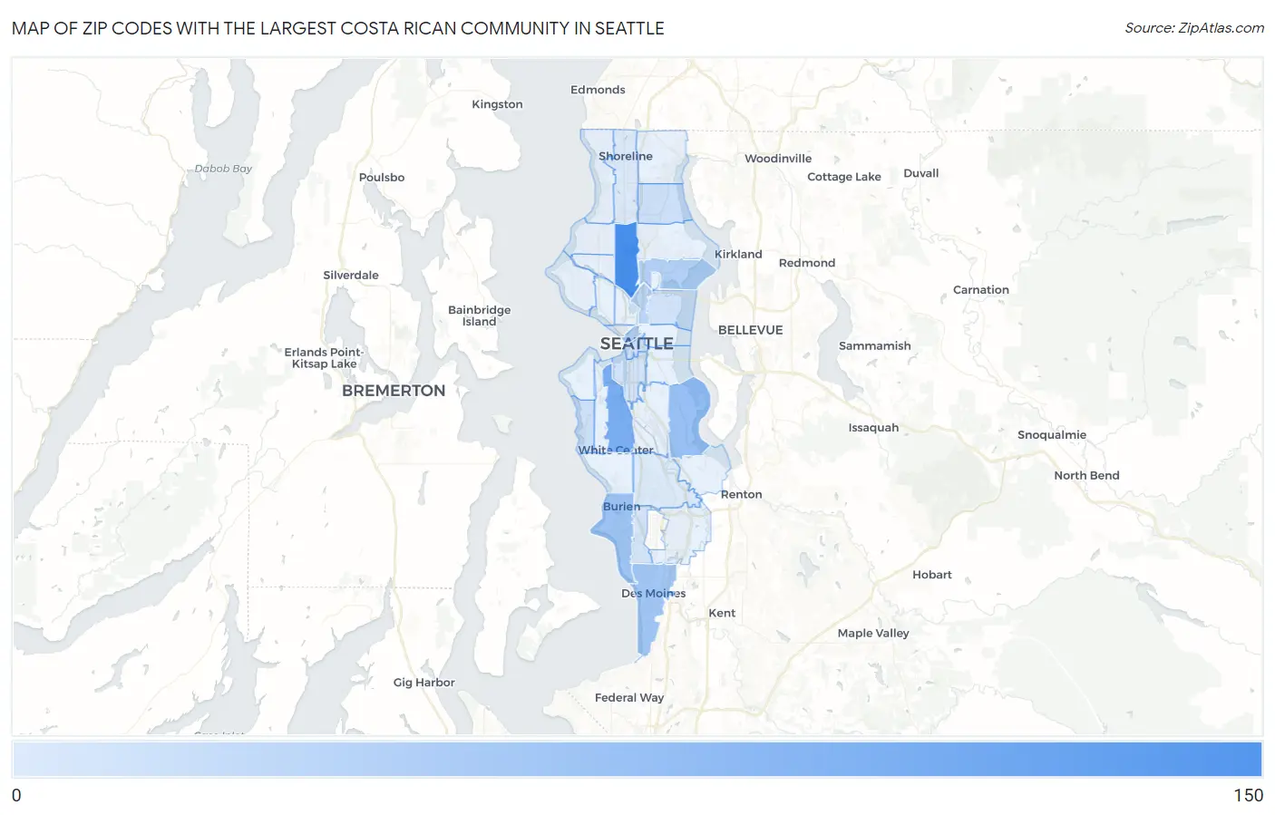 Zip Codes with the Largest Costa Rican Community in Seattle Map