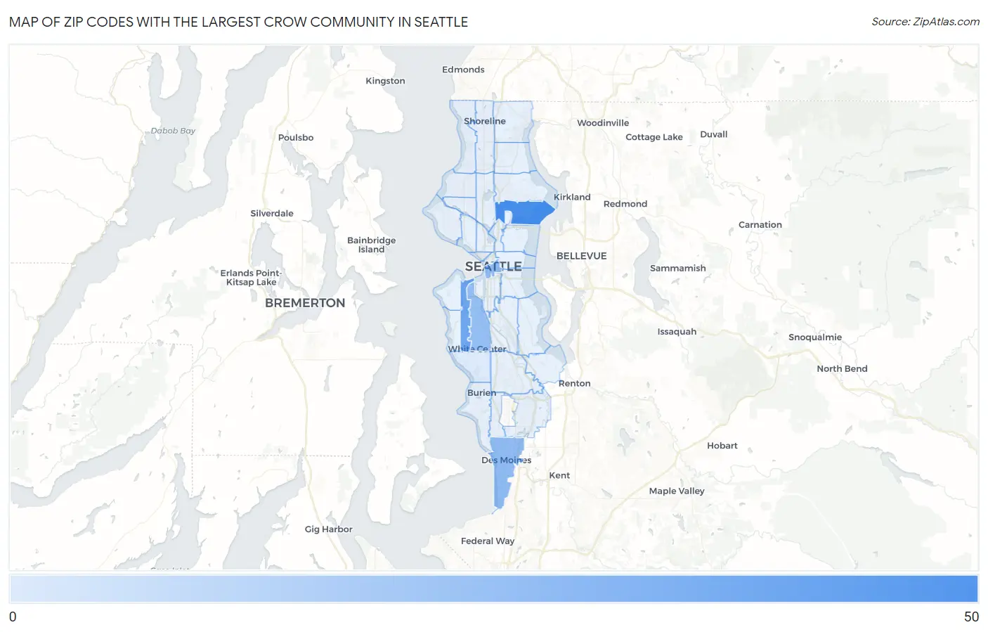 Zip Codes with the Largest Crow Community in Seattle Map