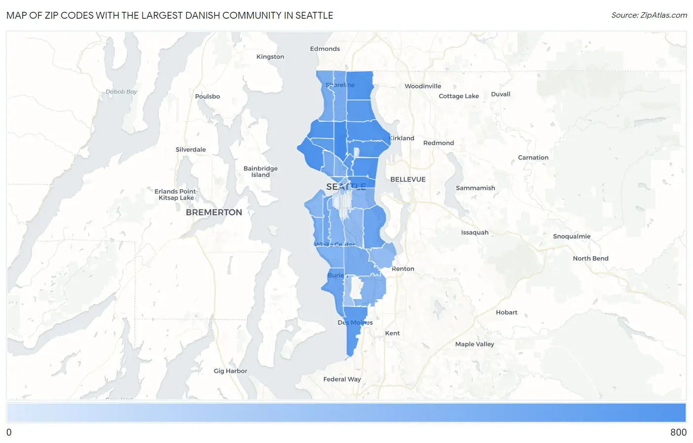 Zip Codes with the Largest Danish Community in Seattle Map