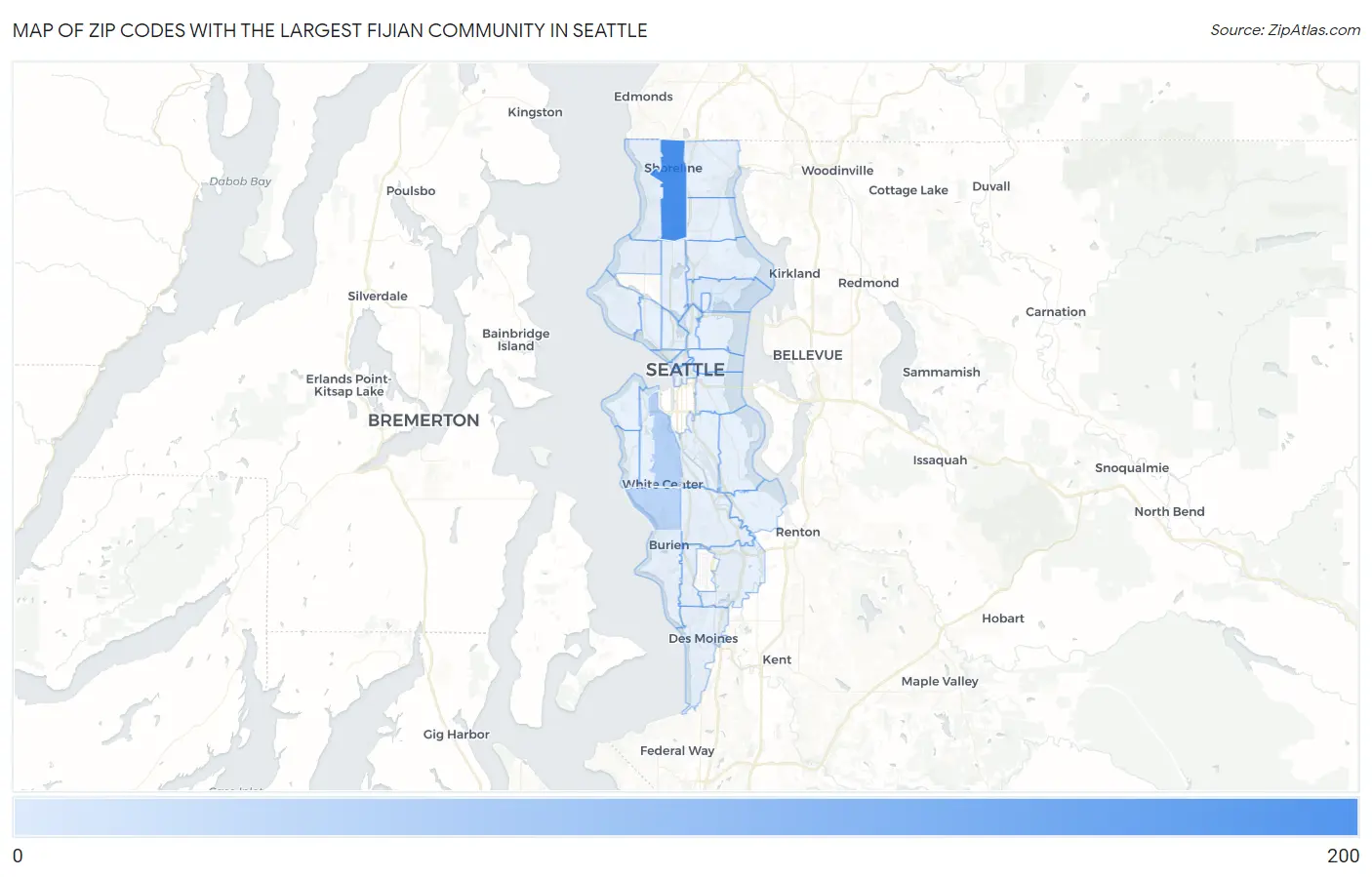Zip Codes with the Largest Fijian Community in Seattle Map