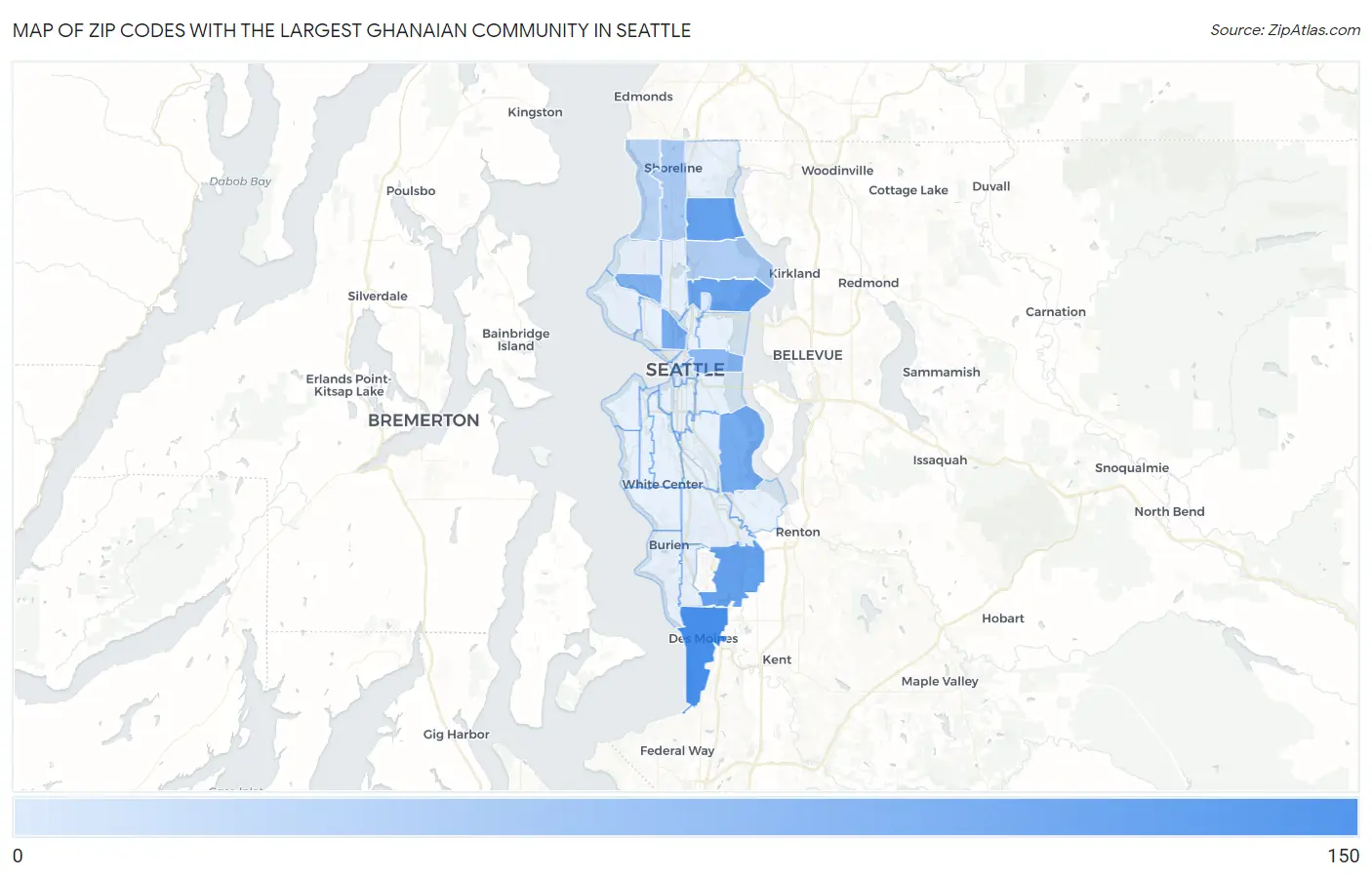 Zip Codes with the Largest Ghanaian Community in Seattle Map