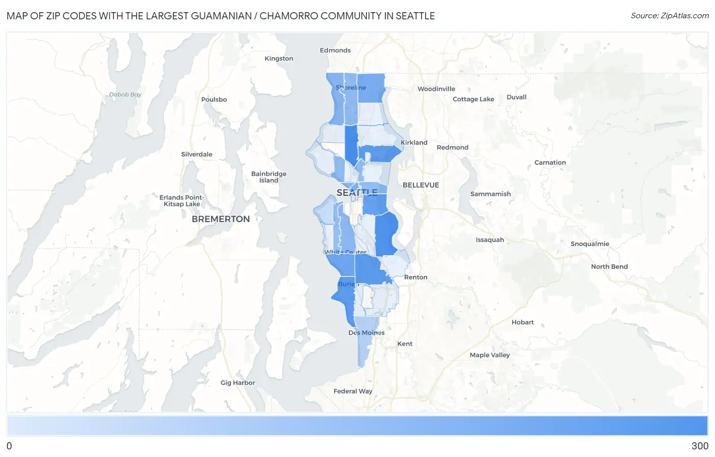 Zip Codes with the Largest Guamanian / Chamorro Community in Seattle Map