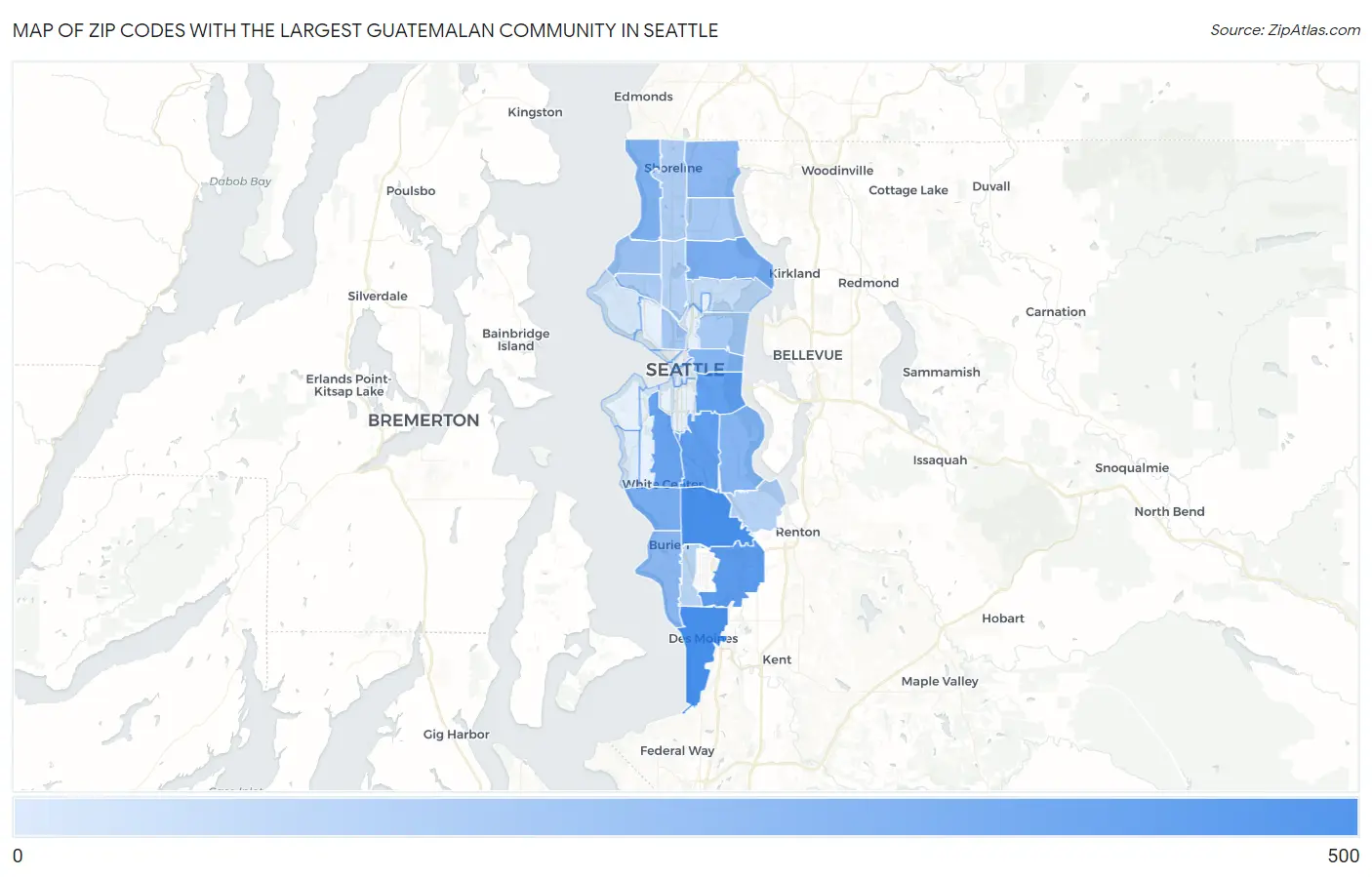 Zip Codes with the Largest Guatemalan Community in Seattle Map