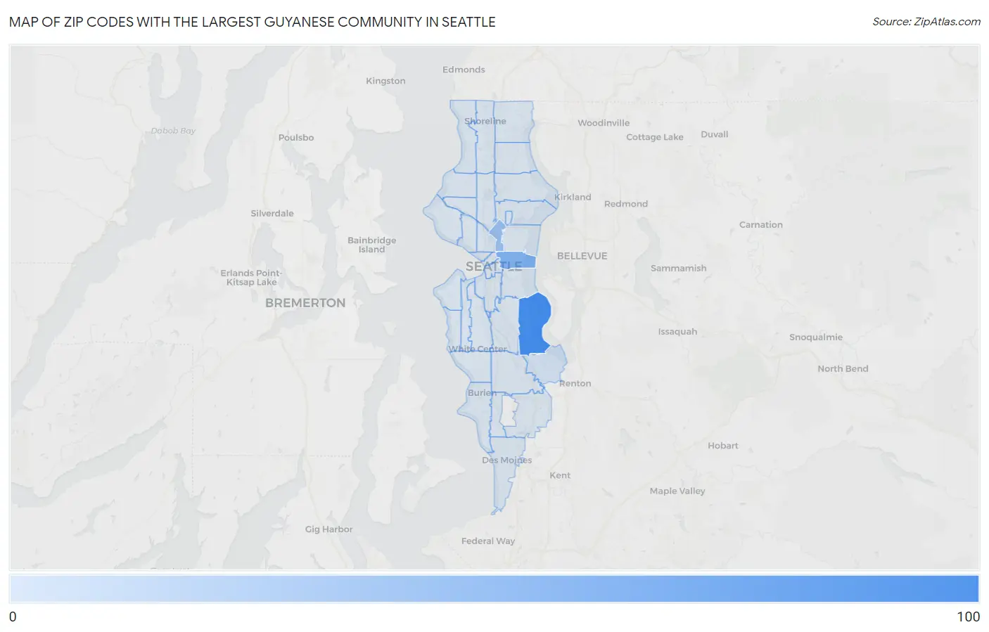 Zip Codes with the Largest Guyanese Community in Seattle Map