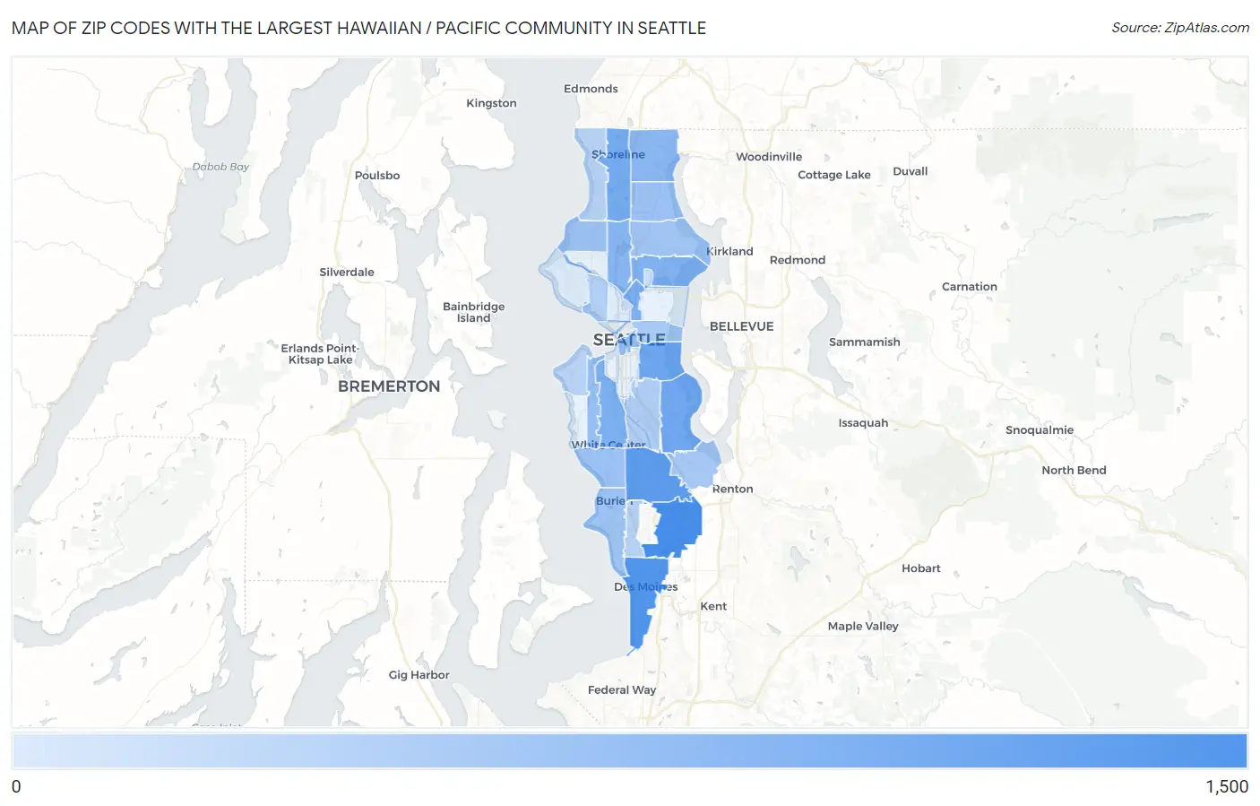 Zip Codes with the Largest Hawaiian / Pacific Community in Seattle Map