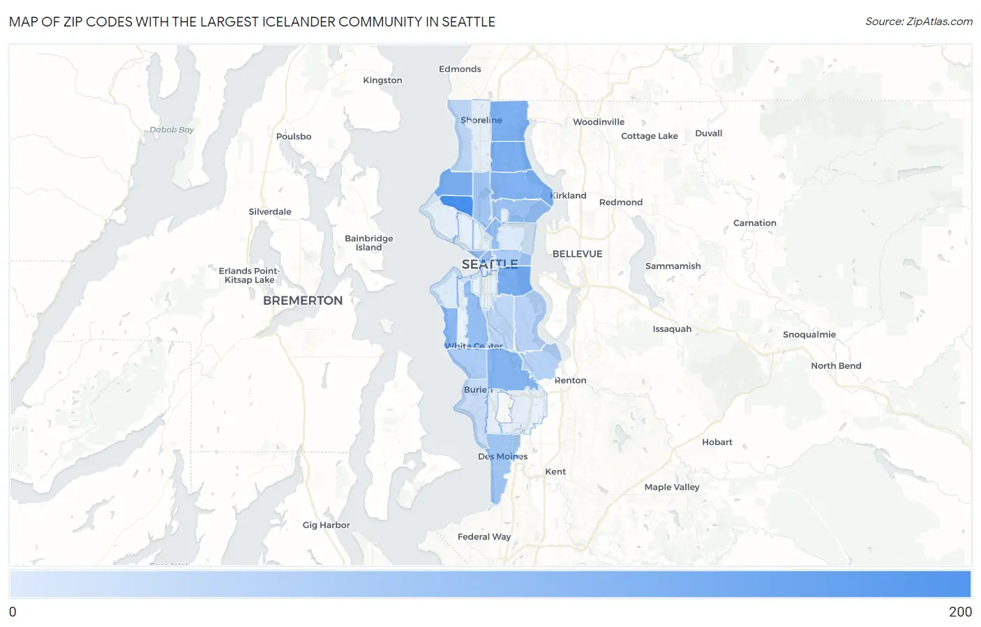 Zip Codes with the Largest Icelander Community in Seattle Map