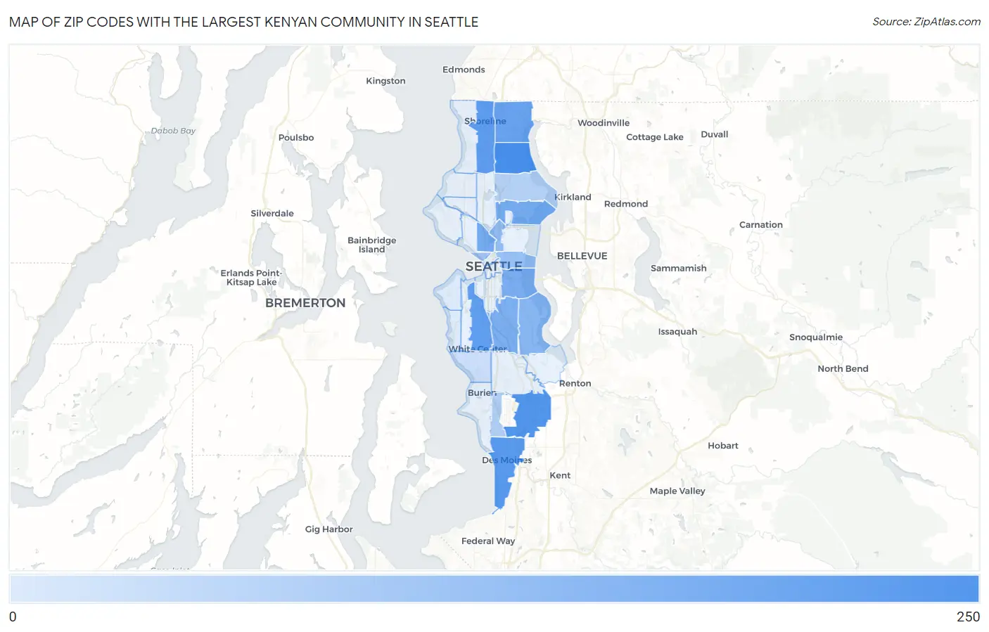 Zip Codes with the Largest Kenyan Community in Seattle Map