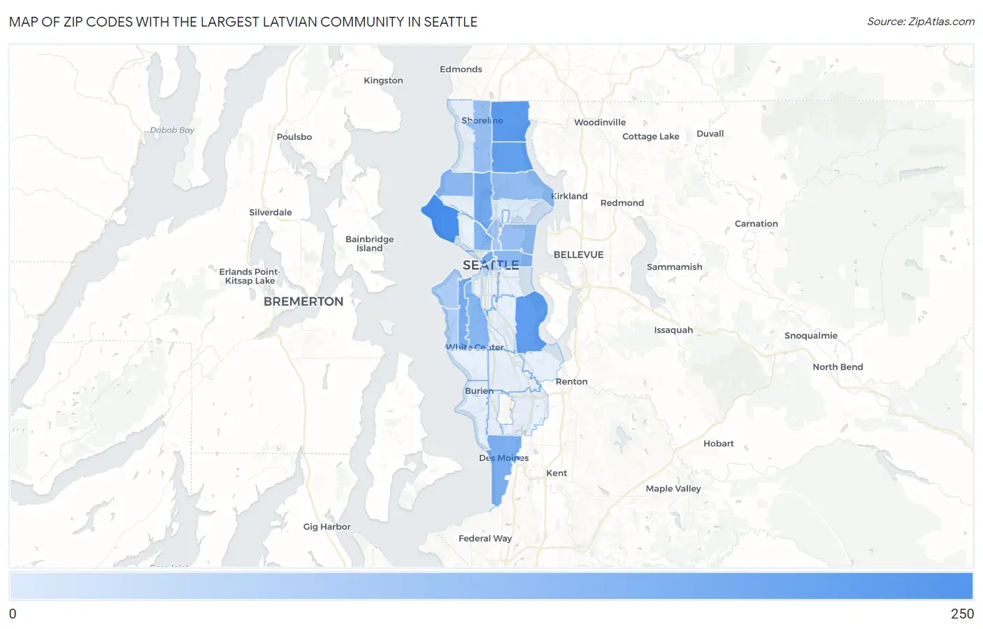Zip Codes with the Largest Latvian Community in Seattle Map