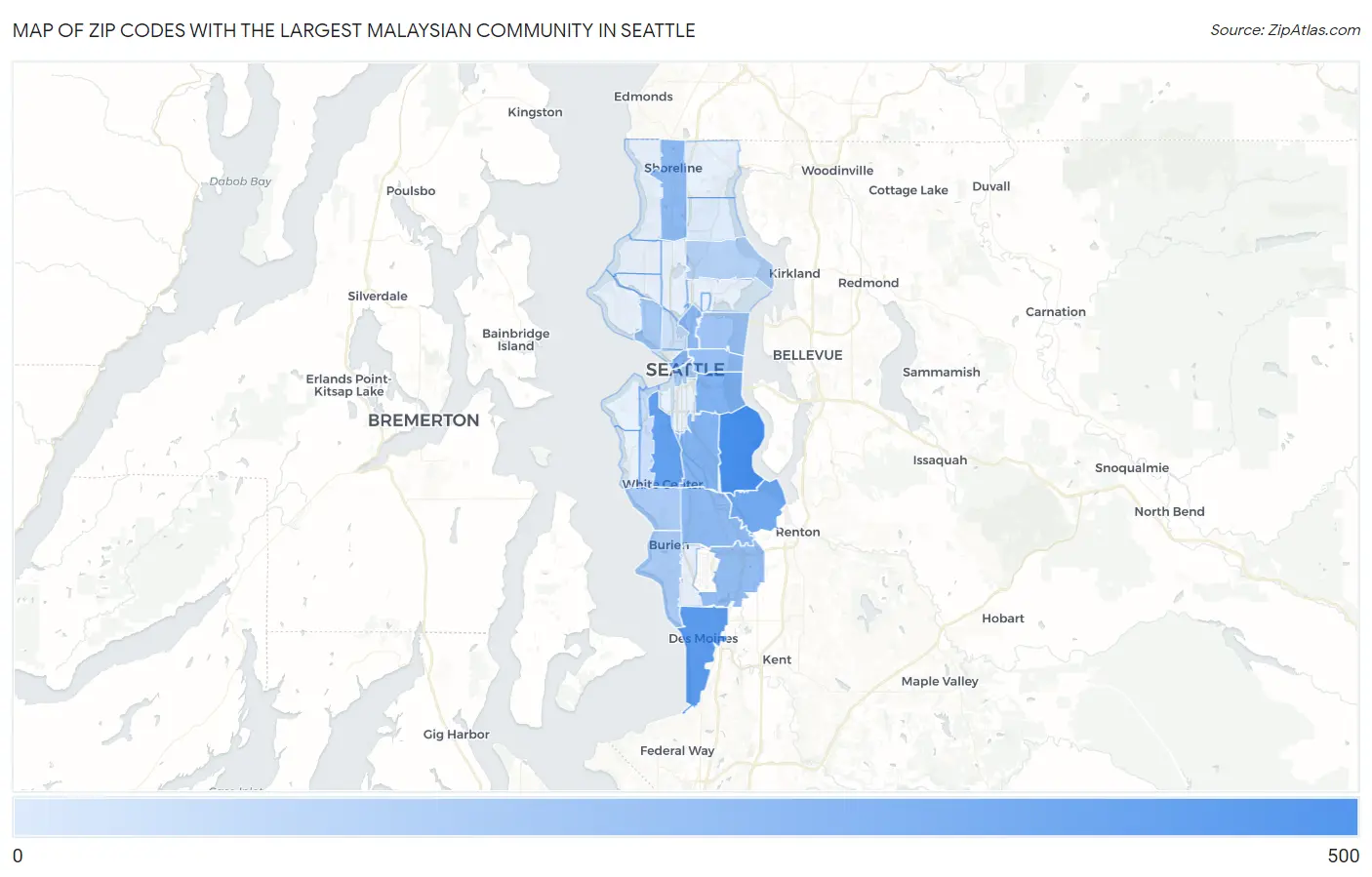 Zip Codes with the Largest Malaysian Community in Seattle Map