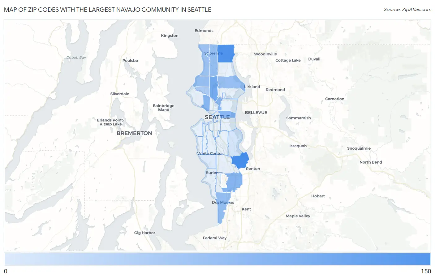 Zip Codes with the Largest Navajo Community in Seattle Map