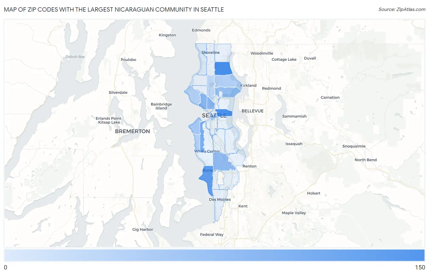 Zip Codes with the Largest Nicaraguan Community in Seattle Map