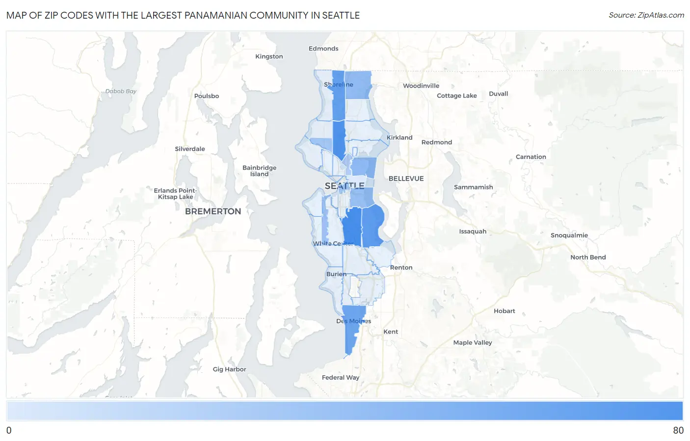 Zip Codes with the Largest Panamanian Community in Seattle Map