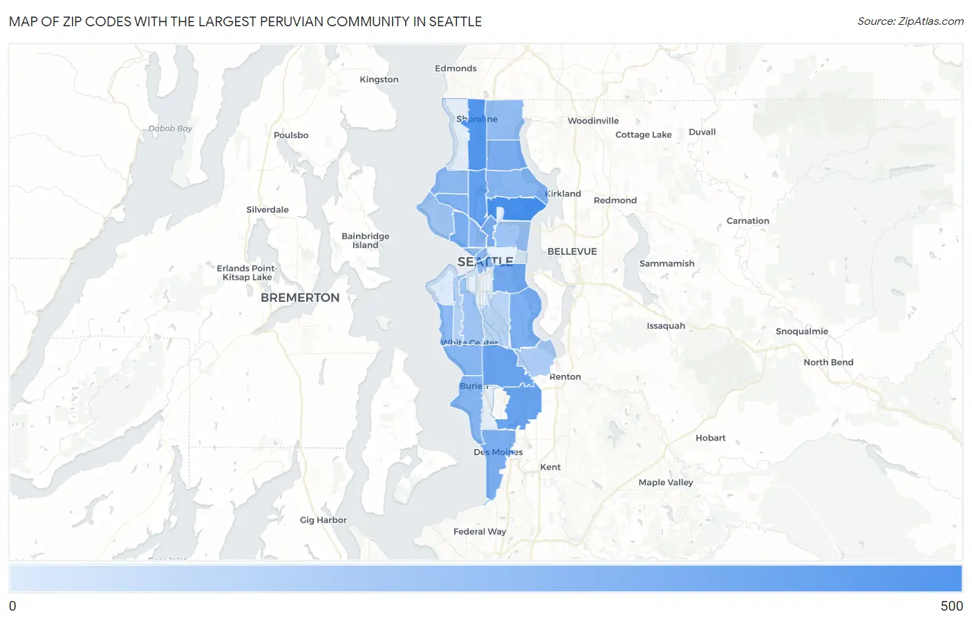 Zip Codes with the Largest Peruvian Community in Seattle Map