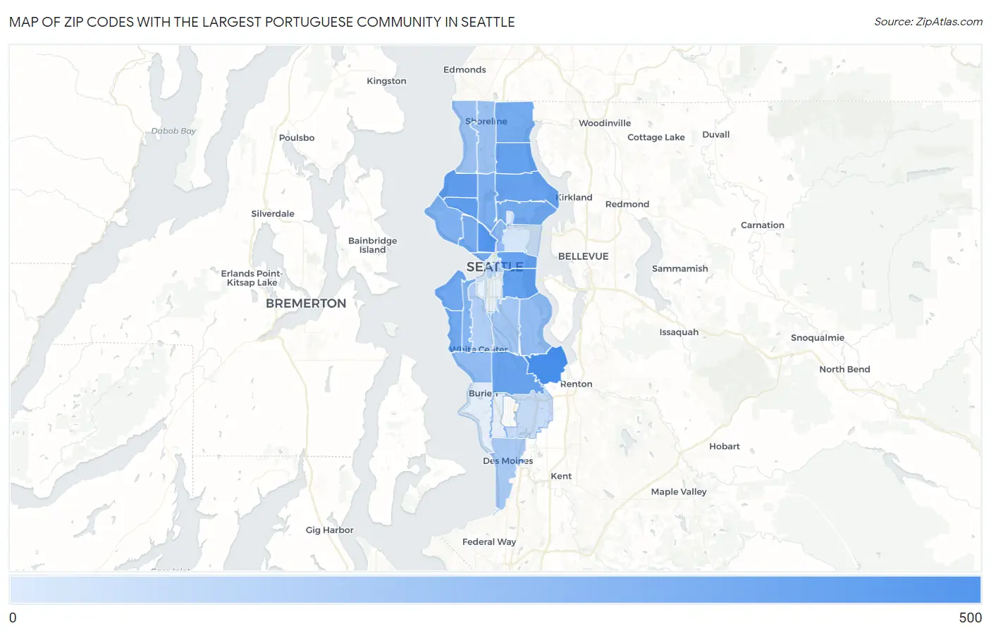 Zip Codes with the Largest Portuguese Community in Seattle Map