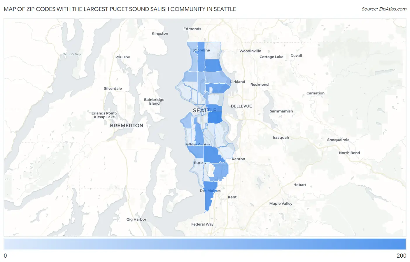 Zip Codes with the Largest Puget Sound Salish Community in Seattle Map