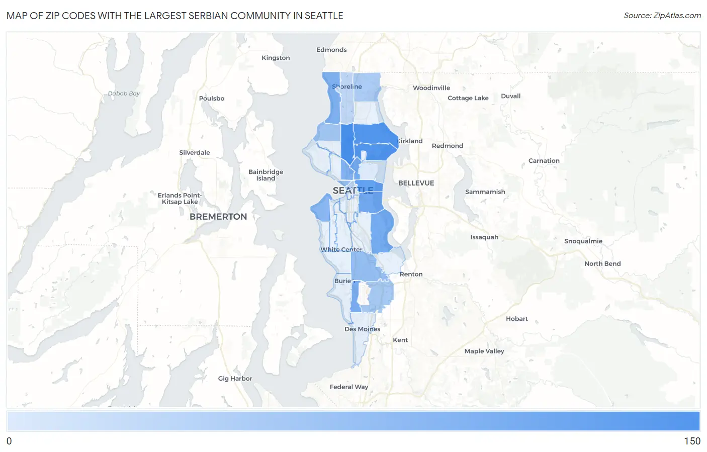 Zip Codes with the Largest Serbian Community in Seattle Map